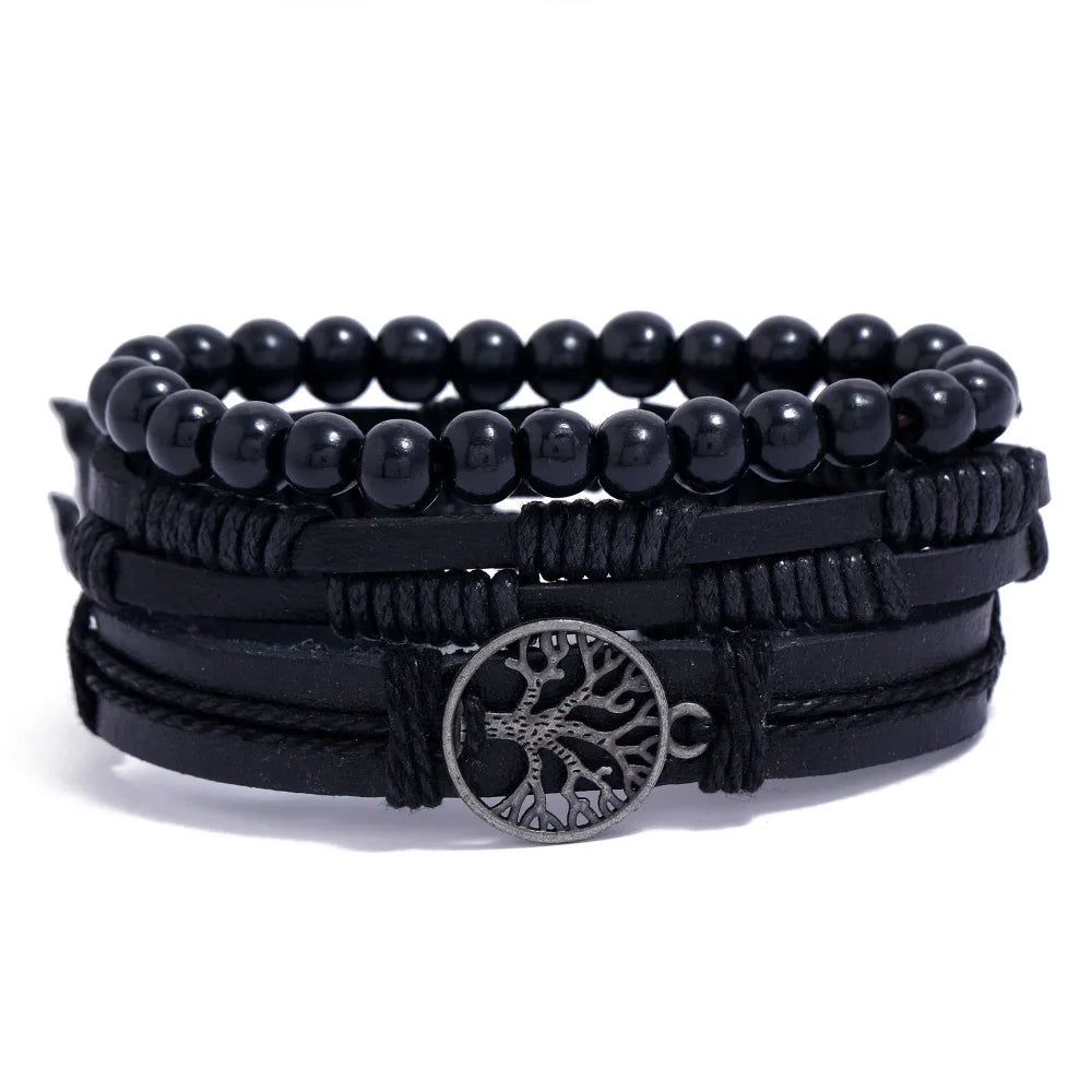 Set Braided Wrap Leather Bracelets for Men Vintage Life Tree Rudder Charm Wood Beads Ethnic Tribal Wristband Rope Bracelet