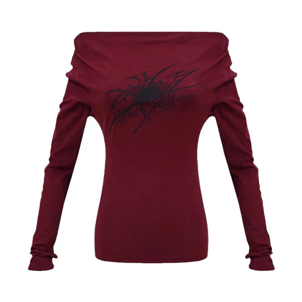 Gothic Print Grunge T-Shirts Women Long Sleeve Off the Shoulders Tops Y2K Clothes Streetwear Shirt Korean Style Vintage Crop Top