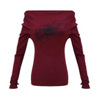 Gothic Print Grunge T-Shirts Women Long Sleeve Off the Shoulders Tops Y2K Clothes Streetwear Shirt Korean Style Vintage Crop Top