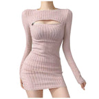 Women Bodycon Sweater Dress Y2k Korean Sexy Hollow Out Zip Up Short Dress Harajuku Female Ruched Long Sleeve Casual Vestidos