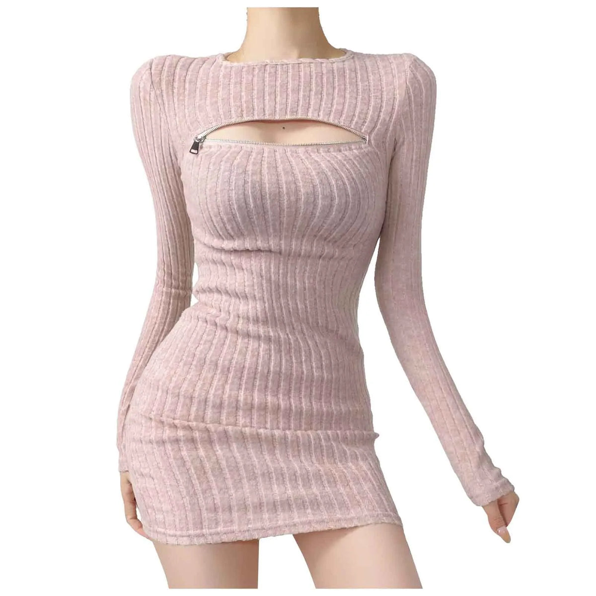 Women Bodycon Sweater Dress Y2k Korean Sexy Hollow Out Zip Up Short Dress Harajuku Female Ruched Long Sleeve Casual Vestidos