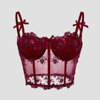 Sexy Lace Floral Embroidery Bow Corset For Women Camisole Sheer Mesh Fishbone Slim Crop Top Wired Bra Camis Festival Lingerie
