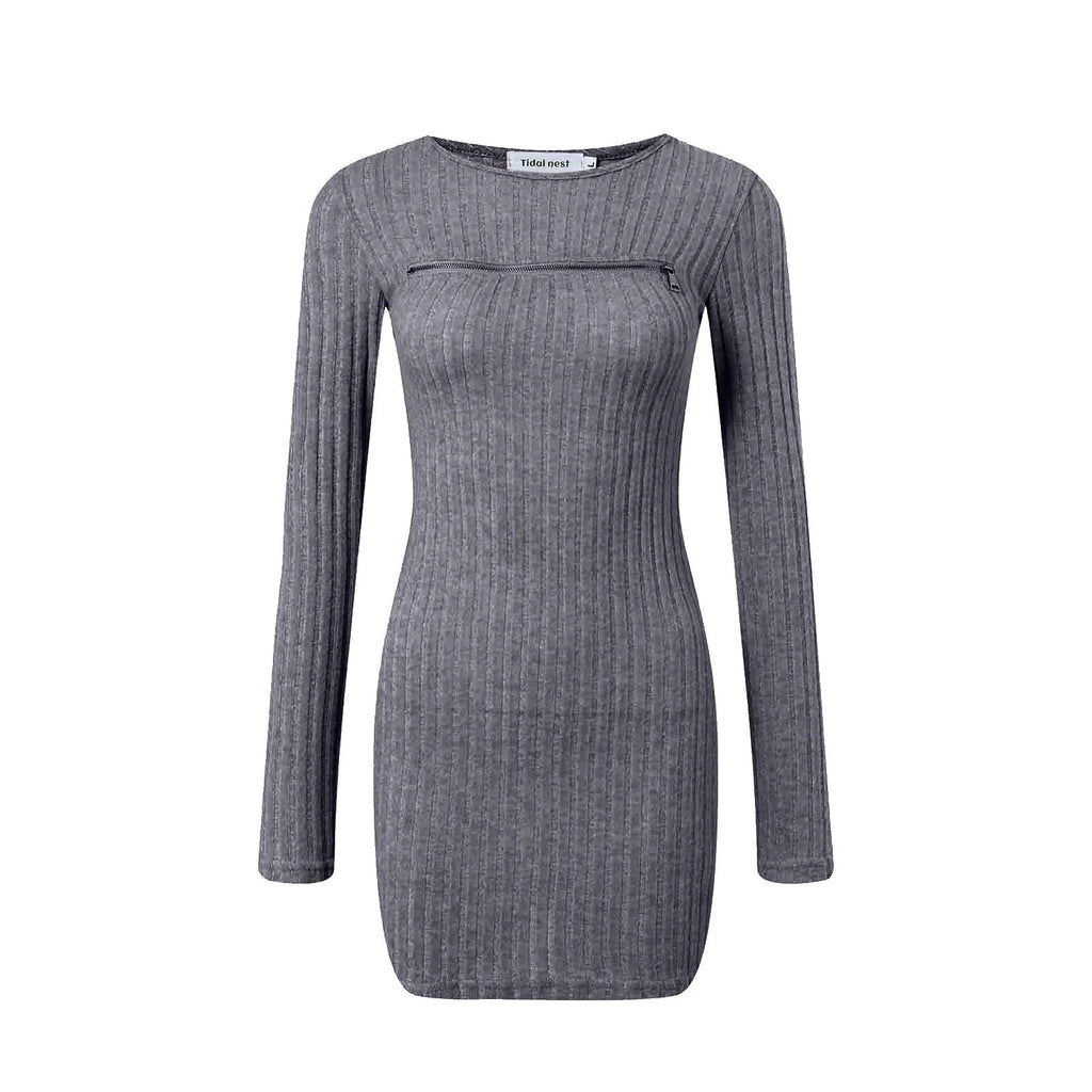 Women Bodycon Sweater Dress Y2k Korean Sexy Hollow Out Zip Up Short Dress Harajuku Female Ruched Long Sleeve Casual Vestidos