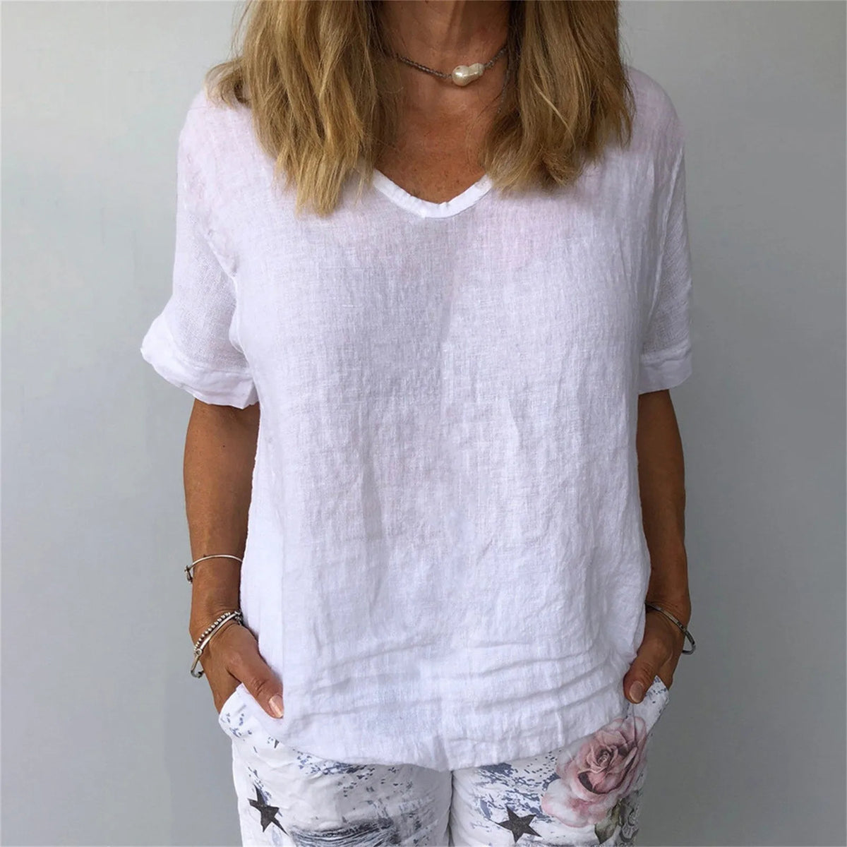 Womens Casual Cotton Linen Blouse Summer V Neck Soft T Shirt Tops Tunic Female Basic Cotton T Shirt C Simple Style Undershirts