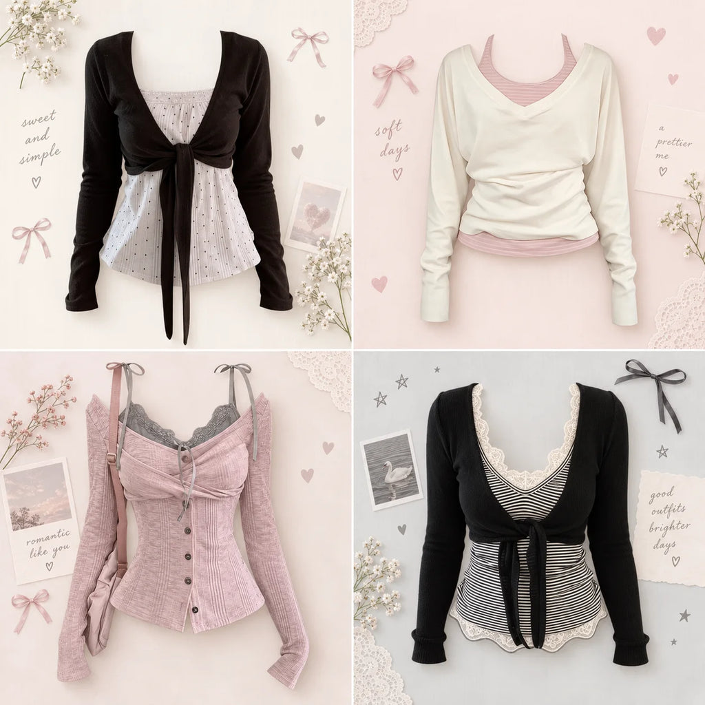 Y2K Retro T-shirt 2000s Spliced Long Sleeve Pullover Two Piece Set Women Slim Fit Japanese Blouse Korean Casual Daily Outfit