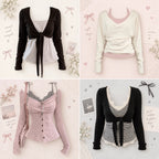 Y2K Retro T-shirt 2000s Spliced Long Sleeve Pullover Two Piece Set Women Slim Fit Japanese Blouse Korean Casual Daily Outfit
