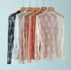 Sexy Women Mesh T-Shirts Transparent Lace Blouse Long Sleeve See Through Tops For Women O Neck Sheer Tees Body Crop Top