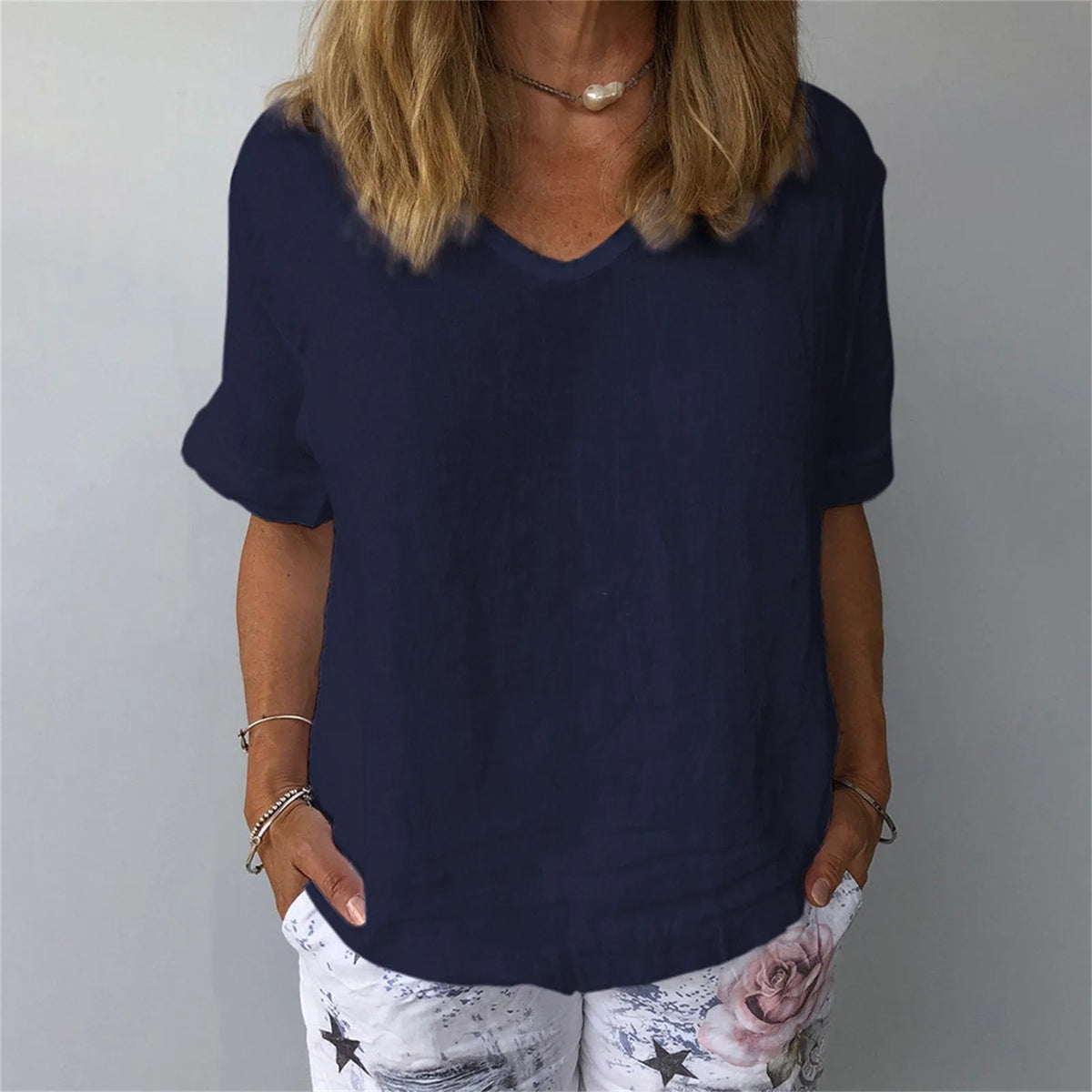 Womens Casual Cotton Linen Blouse Summer V Neck Soft T Shirt Tops Tunic Female Basic Cotton T Shirt C Simple Style Undershirts