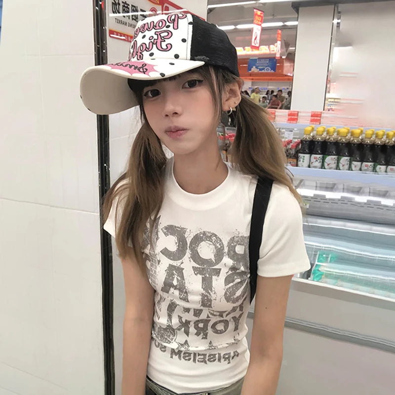Karrram Japanese Y2k Letter Print T-shirt 2000s Style Short Sleeve Crop Top Vintage Harajuku Ribbed Tee Shirt American Retro 90s