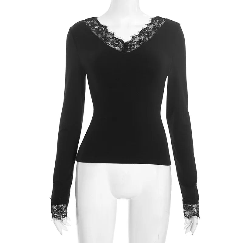 Tornova V neck Lace T shirt Top Women Sexy Navel Exposed Pullover Fashion Splice Hot Girl Club Party Top Autumn New Lady T shirt
