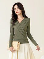 SuyaDream Women's Silk Blend T-Shirt, Wrapped V Neck, Long Sleeved, Ribs Knitted Basic Tee, Monochromatic, 2023 Fall, Winter