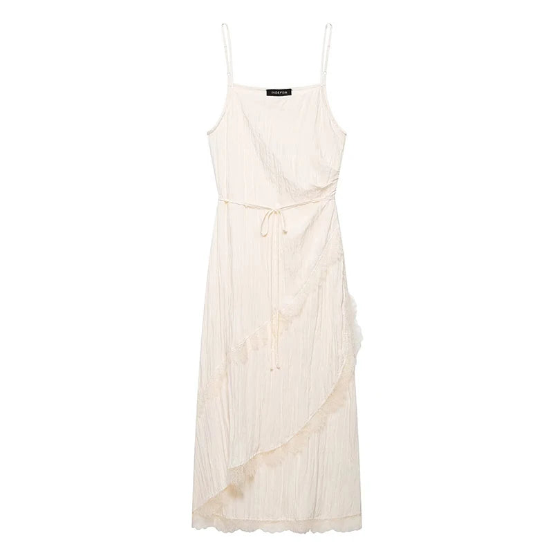 YENKYE Romantic Crinkled Wrap Slip Dress Women Self Tie Waist Lace Trim Irregular Hem Beach Vacation Midi Dresses Female Vestido