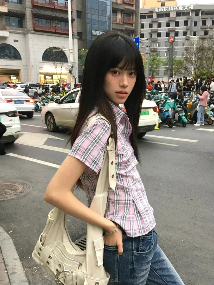 Tonngirls American Retro Plaid Shirt Women Short Sleeve Slim Shirt And Blouse Streetwear Y2k Vintage Tops Japanese 2000s Tshirts