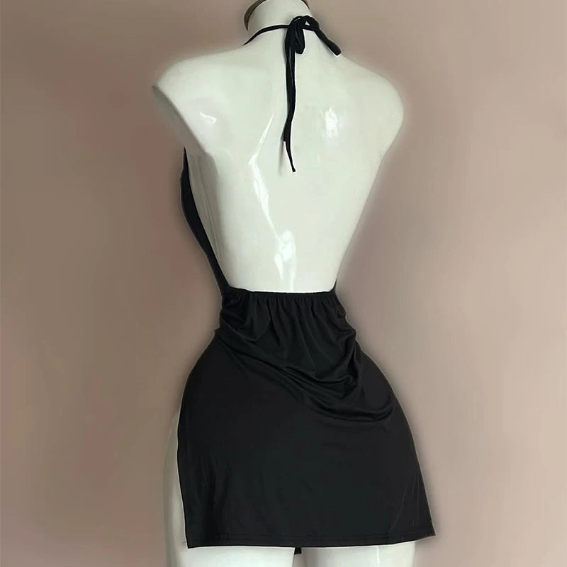 Sexy Lingerie Passion Temptation Suspender Nightdress Skirt Y2k Retro Street V Neck Slit Back Suspender Backless Evening Dress