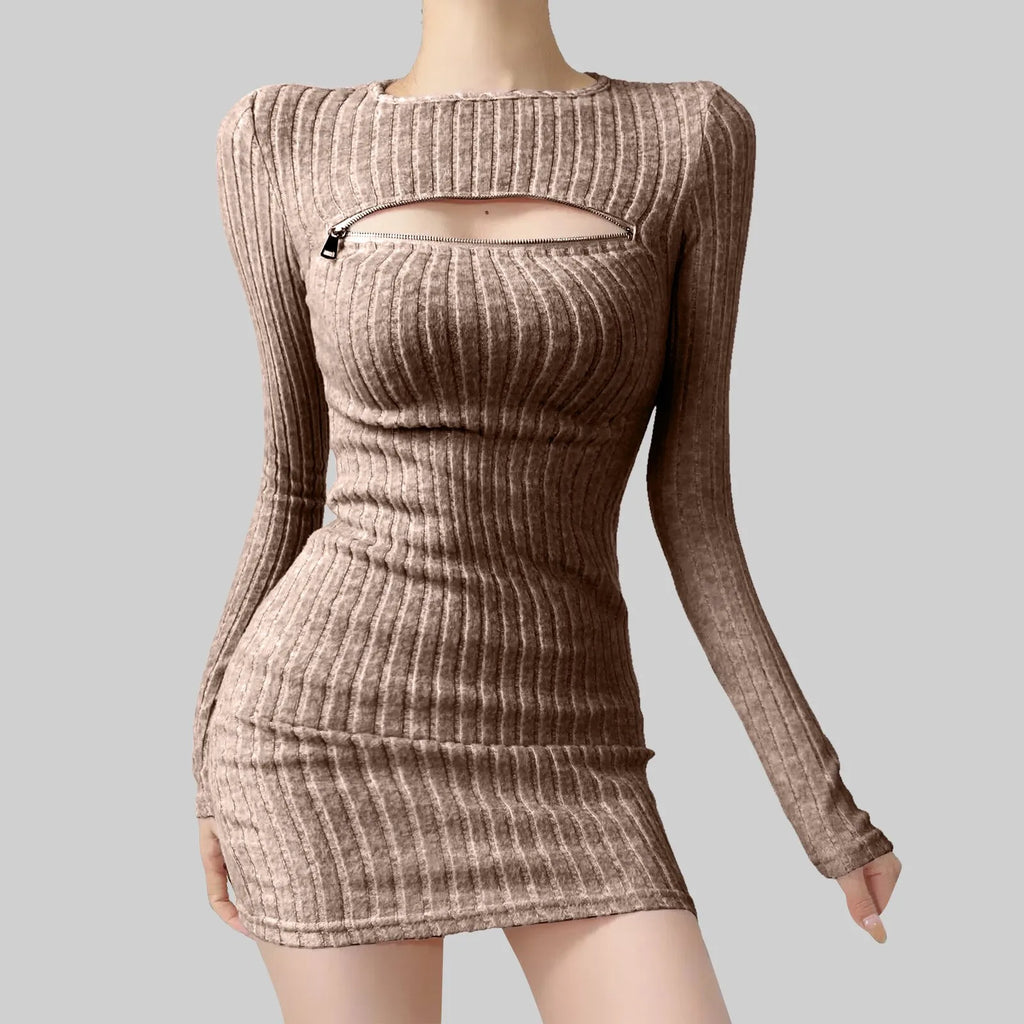 Women Bodycon Sweater Dress Y2k Korean Sexy Hollow Out Zip Up Short Dress Harajuku Female Ruched Long Sleeve Casual Vestidos