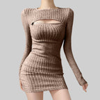 Women Bodycon Sweater Dress Y2k Korean Sexy Hollow Out Zip Up Short Dress Harajuku Female Ruched Long Sleeve Casual Vestidos