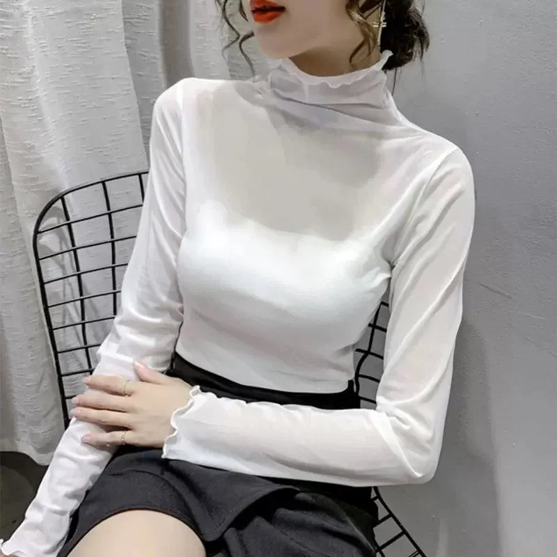 Sexy Women Mesh T-Shirts Transparent Lace Blouse Long Sleeve See Through Tops For Women O Neck Sheer Tees Body Crop Top
