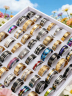 5/10/20/30/50/100/200pcs Stainless Steel Chain Rings, Mixed Punk Hip-Hop Rhinestone Inlaid Couple Rings, Finger Jewelry