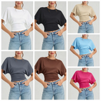 Women Round Neck Batwing Short Sleeve T-shirt Solid Color Slim Waist Casual Daily Basic Tee Stretchy Soft Comfort Knit Lady Tops