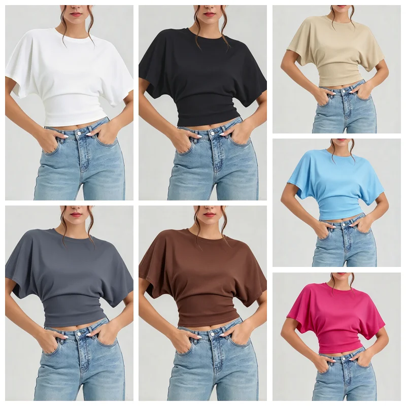 Women Round Neck Batwing Short Sleeve T-shirt Solid Color Slim Waist Casual Daily Basic Tee Stretchy Soft Comfort Knit Lady Tops