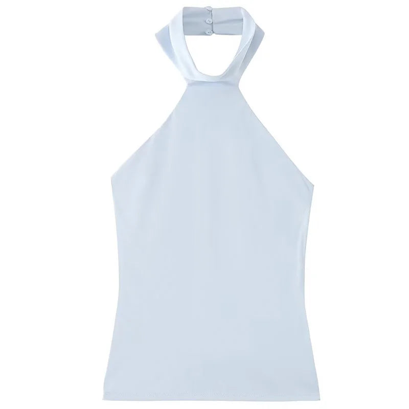 HXAO Halter Top Women Summer 2025 Tanks & Camis Green Blue Tight Tops Sexy Off Shoulder Sleeveless Backless Tops Elegant Vests
