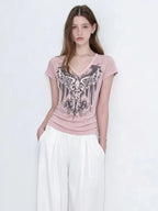 American Street Hottie T-shirt Vintage V-neck Tshirt 2000s Y2K Aesthetic Graphic Printed Tees Women's Punk Chic Tops Ropa Mujer
