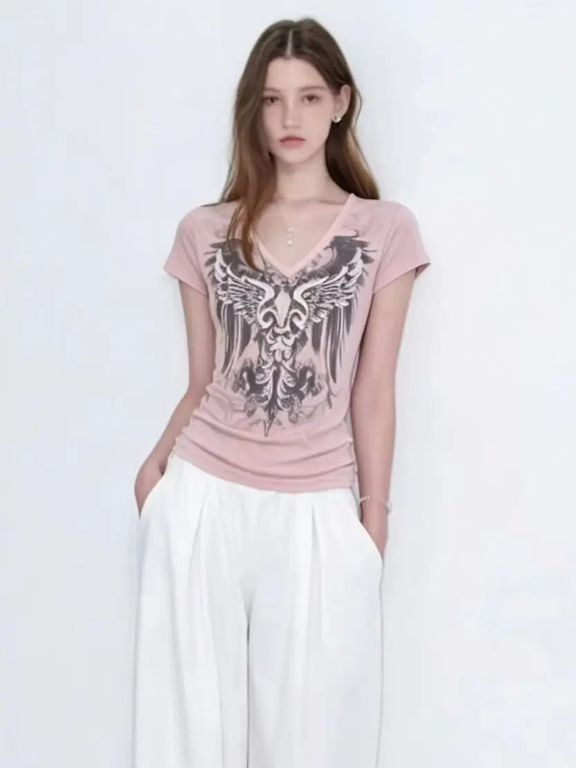 American Street Hottie T-shirt Vintage V-neck Tshirt 2000s Y2K Aesthetic Graphic Printed Tees Women's Punk Chic Tops Ropa Mujer