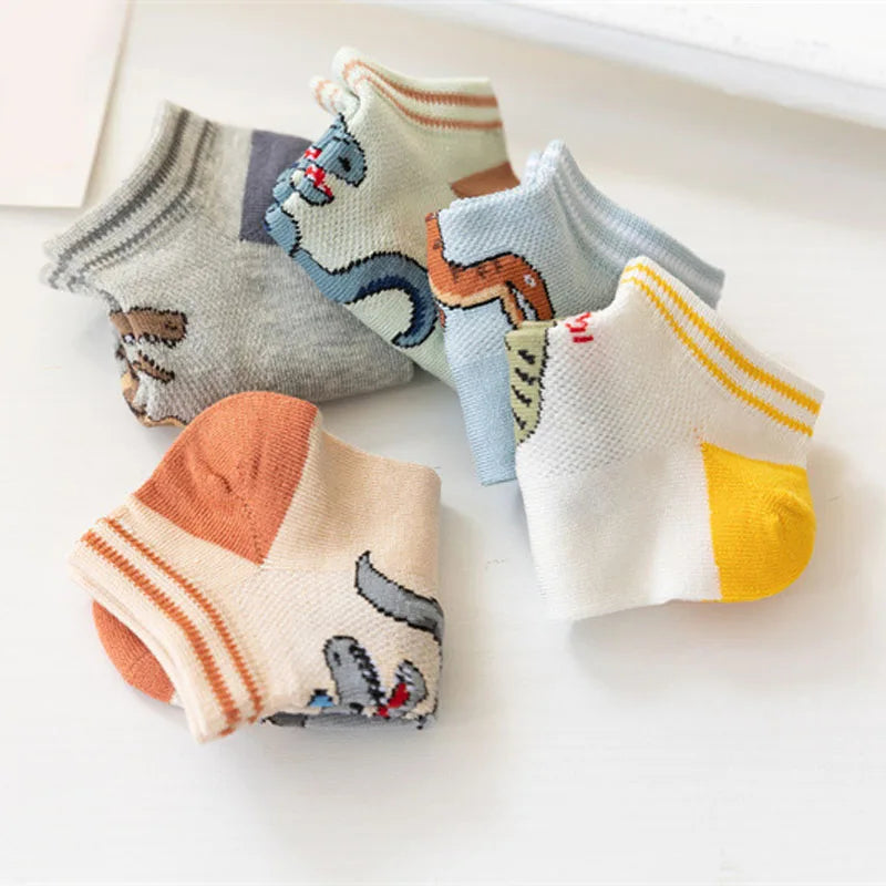 5 Pairs Boy's Dinosaur Pattern Socks Comfortable Breathable Casual Soft Kids Socks