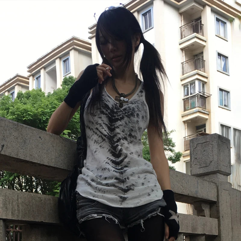 Karrcat Grunge Aesthetics Tie Dye Tank Top Trashy 2000s Style Long Tanktop Japanese Y2k Sleeveless Top Gothic Vintage Streetwear