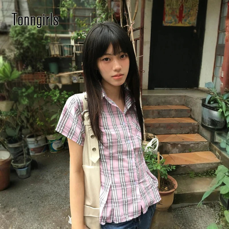 Tonngirls American Retro Plaid Shirt Women Short Sleeve Slim Shirt And Blouse Streetwear Y2k Vintage Tops Japanese 2000s Tshirts