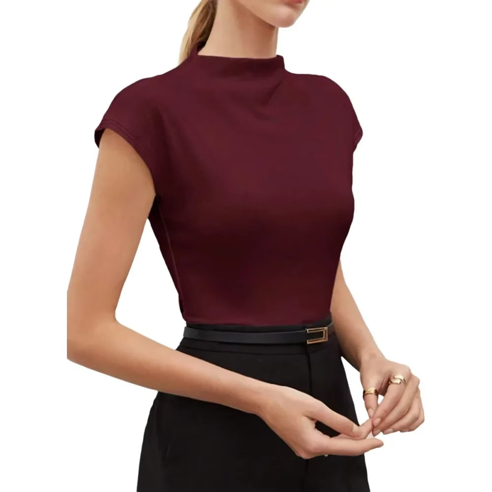 White Turtleneck Short Sleeve Knit Top Women Elegant Slim Fit Solid Color High Neck Pullover Female Office Commuter Knitwear