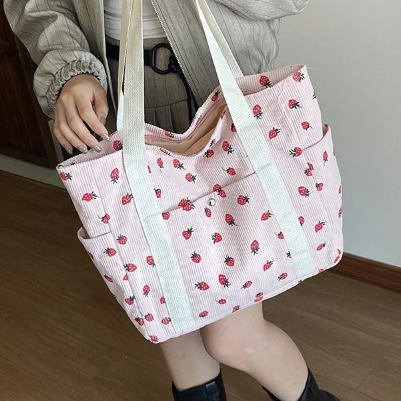 Fashion Corduroy Shoulder Bag for Women, Cute Printed Handbag, Casual Commuter & Shopping Purse, Trendy Underarm Bag