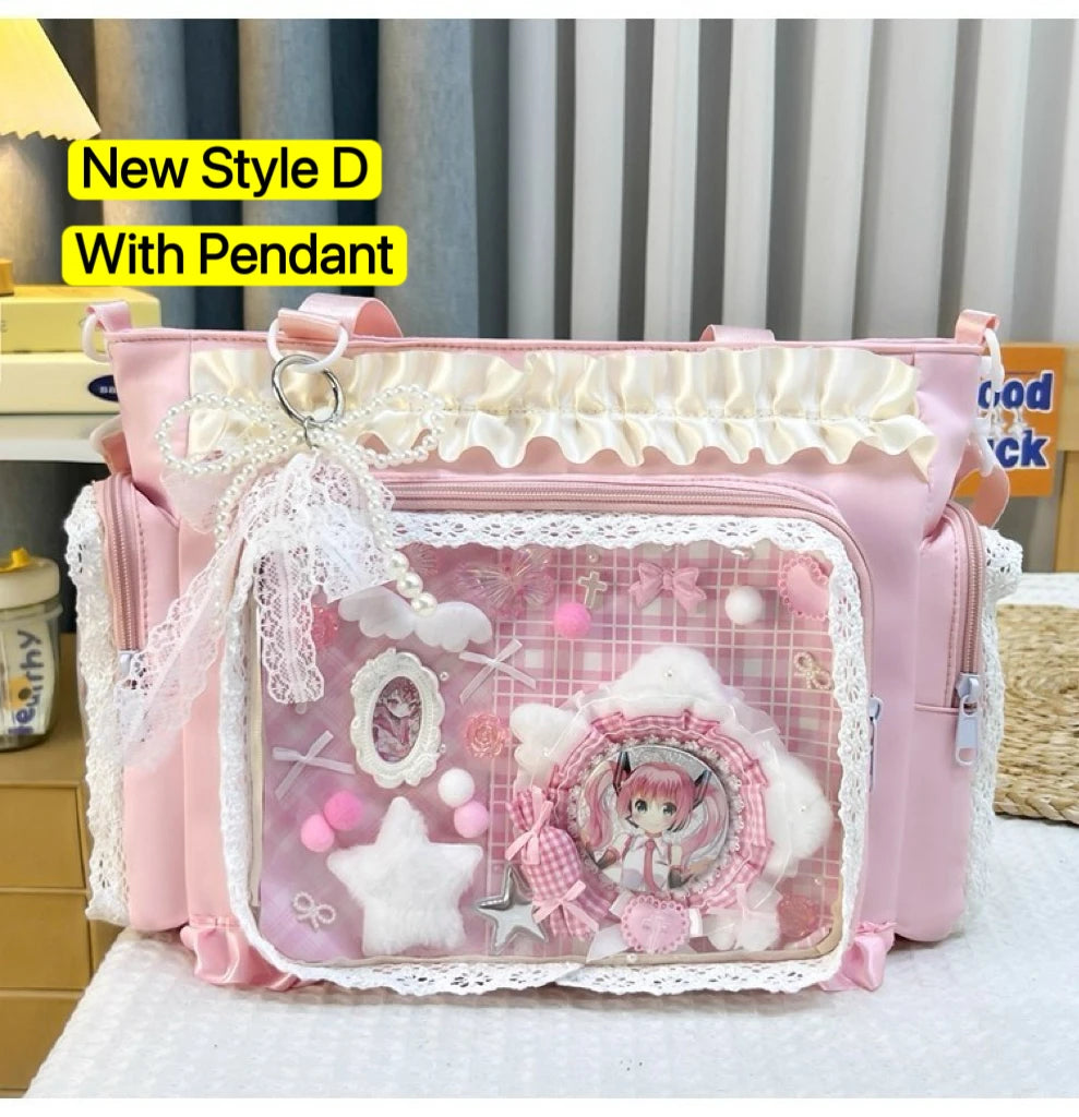 New Y2K Cute Japanese Ita Bag Lolita Girl Transparent Shoulder Tote Bag Large Capacity Crossbody Casual Bag DIY Display Handbags