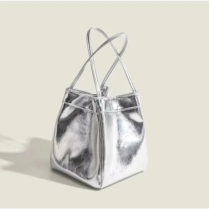 Sparkling Silver Mini Bucket Bag Glittery PU Drawstring Design Multifunctional Crossbody Handbag with Wallet for Ladies Daily Us
