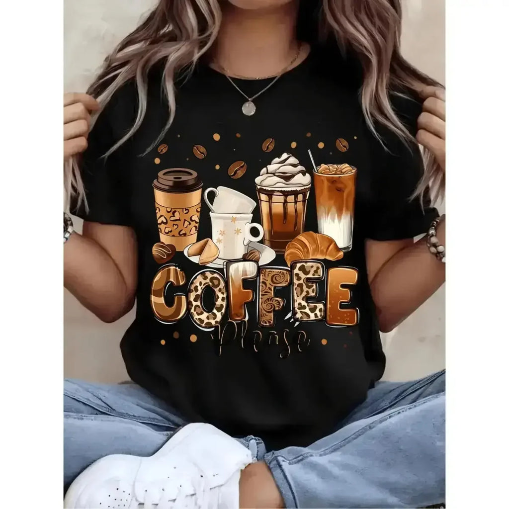 Oversized Coffee Lover Graphic T Shirt for Women Casual Short Sleeve Round Neck Top with Coffee Cup Beans and COFFEE Print Breathable Loose Fit for Spring Summer Fall