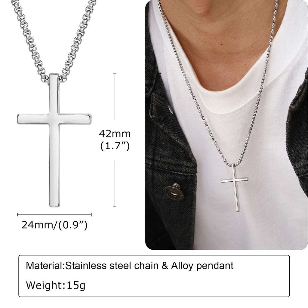 Vnox Cross Necklace for Men Women, Silver Color Plain Alloy Metal Cross Pendant Collar with Stainless Steel Box Chain
