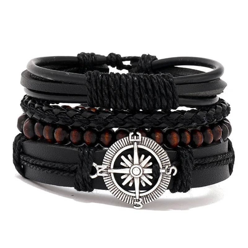 Set Braided Wrap Leather Bracelets for Men Vintage Life Tree Rudder Charm Wood Beads Ethnic Tribal Wristband Rope Bracelet