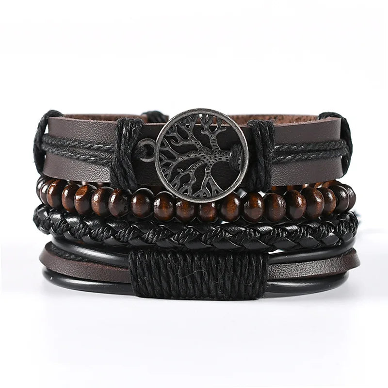 Set Braided Wrap Leather Bracelets for Men Vintage Life Tree Rudder Charm Wood Beads Ethnic Tribal Wristband Rope Bracelet