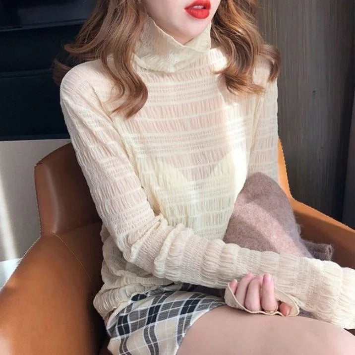 Sexy Women Mesh T-Shirts Transparent Lace Blouse Long Sleeve See Through Tops For Women O Neck Sheer Tees Body Crop Top