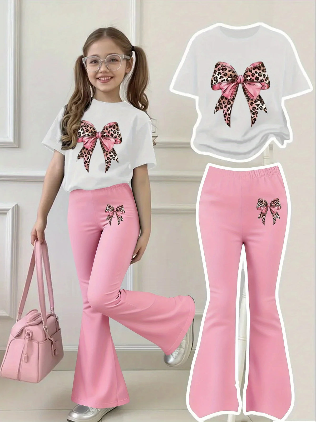 Sweet and Cool Leopard Print Bow Suit for Girls Aged 4-12, White Short-Sleeved Top with Pink Leopard Print Large Bow Paired with Pink Bell-Bottom Pants, Casual and Breathable for Outdoor Wear, Sweet and Cool