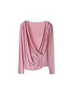 SuyaDream Women's Silk Blend T-Shirt, Wrapped V Neck, Long Sleeved, Ribs Knitted Basic Tee, Monochromatic, 2023 Fall, Winter