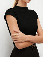Women's High Neck Cap Sleeve Blouse Knit Fitted Top Minimalist Valentine Spring Summer Black Pants Chic Daily Lightweight Top