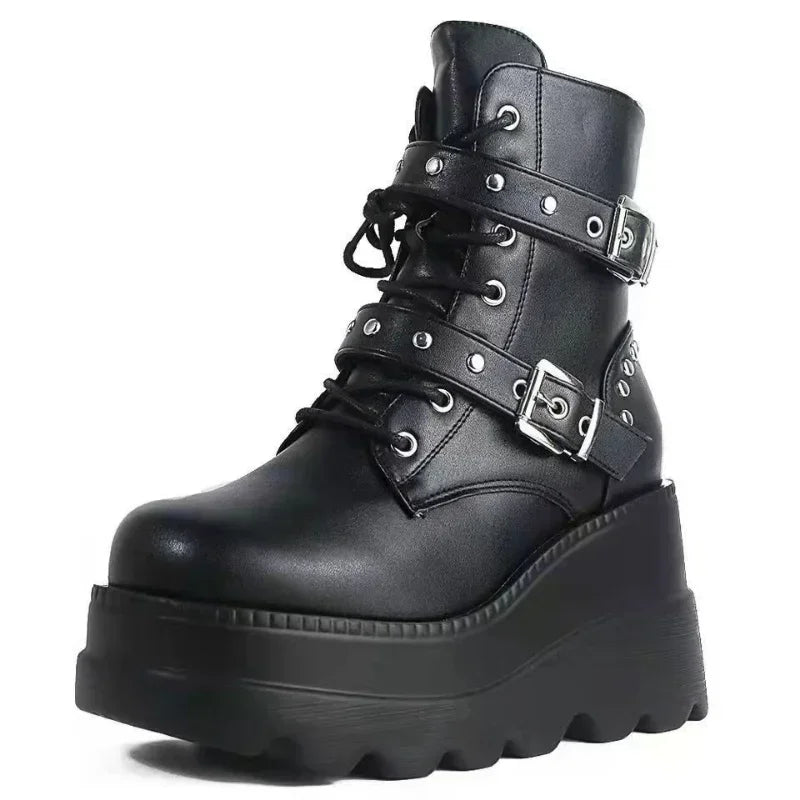 New Women Pu Leather Ankle Booties Woman Autumn Winter Round Toe Lace Up Shoes Woman Motorcycle Platform Gothic Boots Cosplay