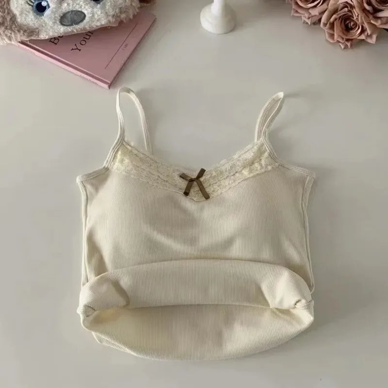 New Knitted Crop Top For Women Solid Color Lace Sling Tops Knitwear Tank Top Female Sexy Slim Camisole Sweet Short Beau Back Top