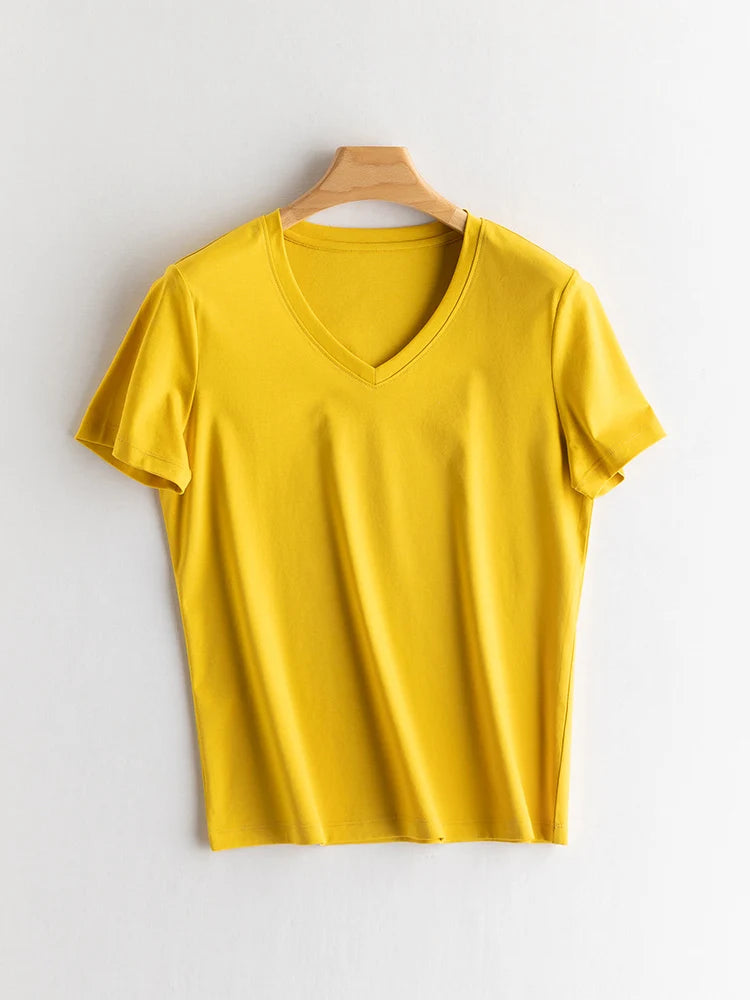 SuyaDream Women Solid T Shirts, Silk Cotton Blend, O Neck, Short Sleeved Solid Tee, 2025 Summer Candy Colors Basic Cozy Top Gree
