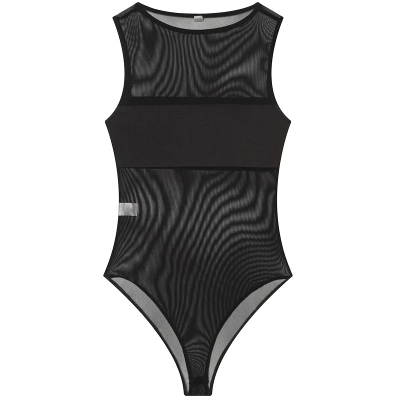 HXAO Sexy Transparent Tulle Bodysuit Women Summer 2026 Chic Black Corset Bodys Woman Bodycon Sleeveless Thong Bodysuit Mesh Tops