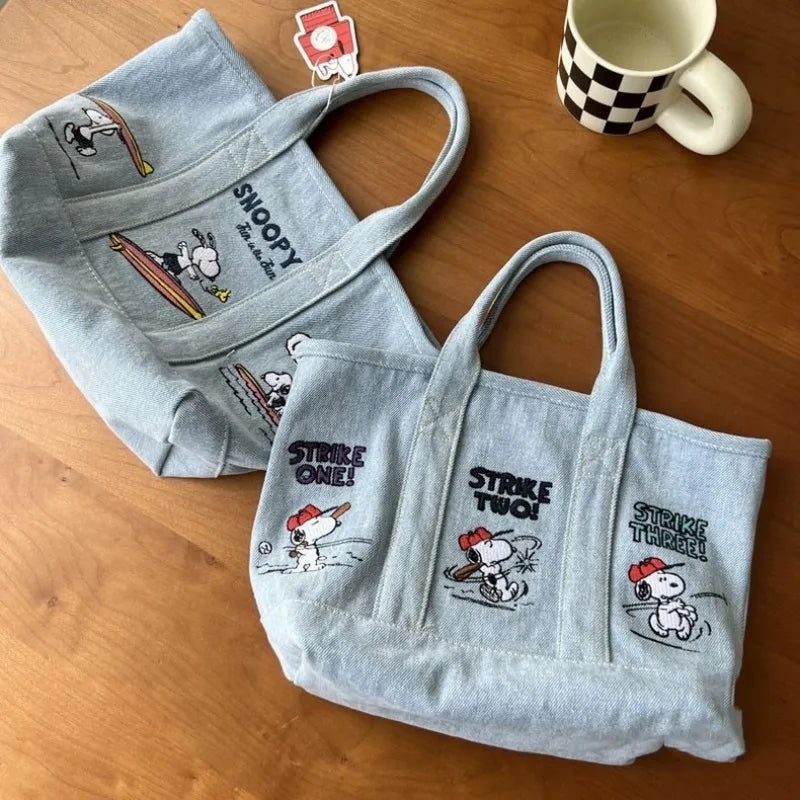 Snoopy Embroidered Canvas Tote Bag Japanese Style Cute Casual Handbag for Women Lunch Bag Office Work Commuting