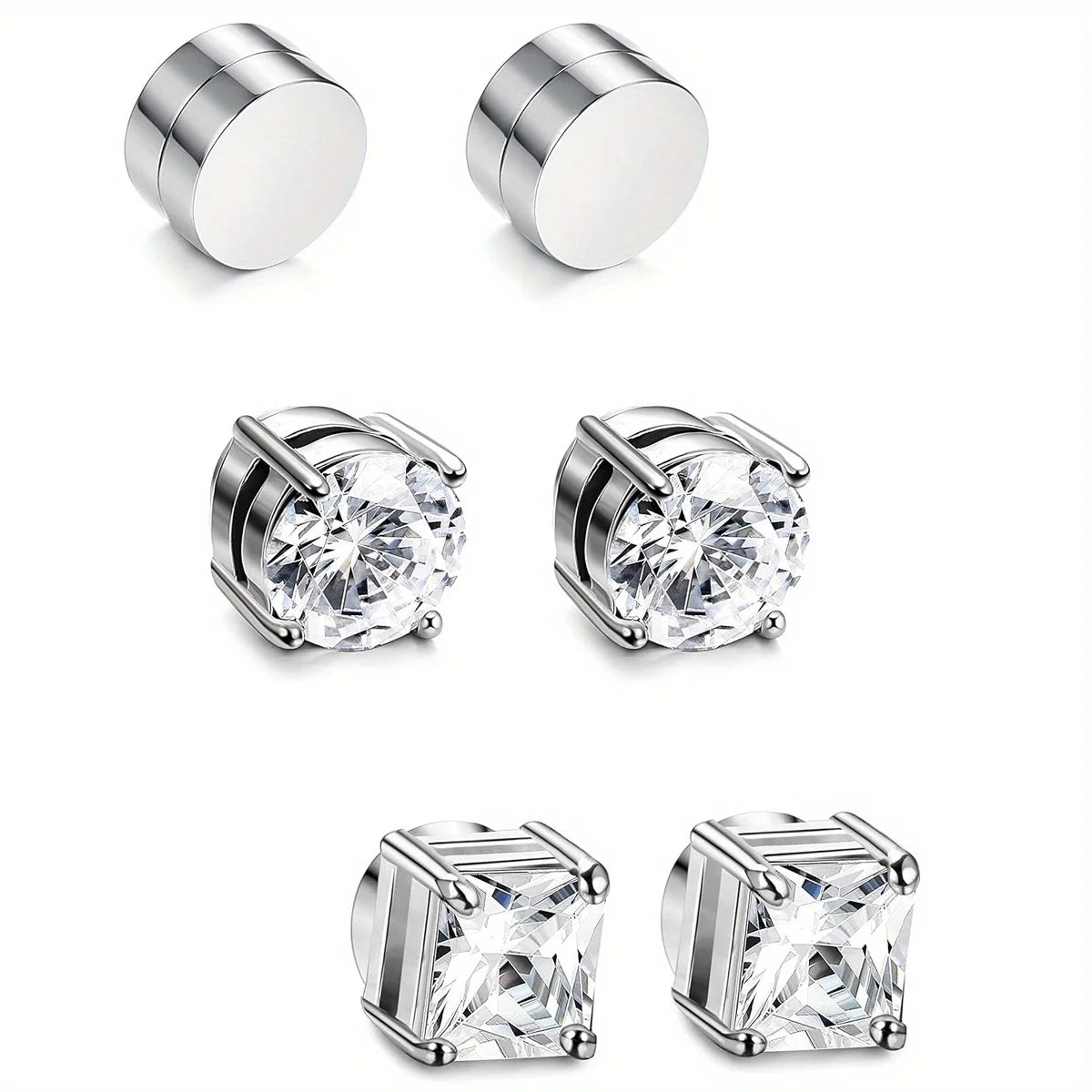1/3Pairs 6MM Crystal Magnetic No-Pierce Stainless Steel Stud Earrings for Men Punk Zircon Magnet Earrings Non Piercing Jewelry