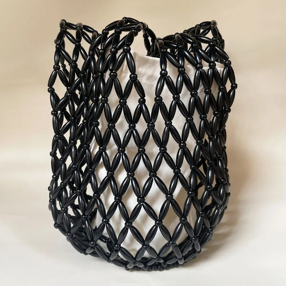 Women Woven Hand Bag Exquisite Design Hollow-out Wooden Bead Tote Bucket Shoulder Bag Female Handmade Beaded Handbag