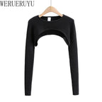 T-shirts Women Long Sleeve Crop Top Spring Autumn Y2k Aesthetic Clothes O-neck Black White Sexy Harajuku Knitted Tshirt 2023